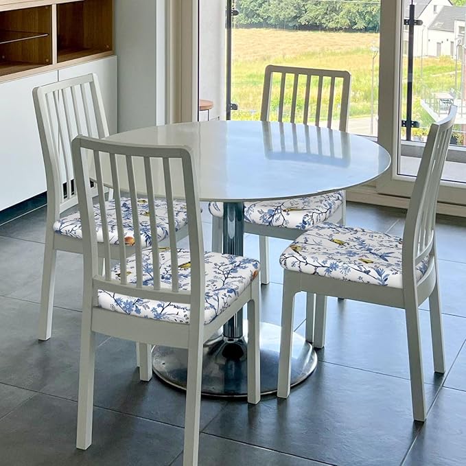 Seat Covers for Dining Room Chairsset of Set of 4, Floral Navy Blue Bird White Spring Flower Stretch Chair Seat Covers Cushion Slipcovers for Kitchen Office