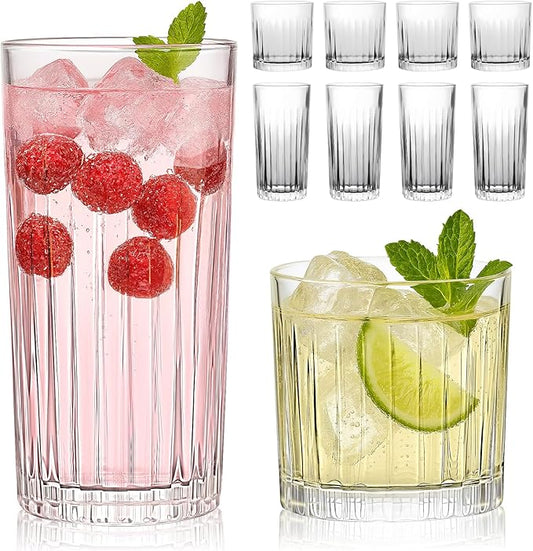Laerjin Drinking Glasses Set of 8, 12 oz Highball Glasses & 10 oz Cocktail Glasses Set, Glassware Drinking Glasses, Glassware Sets for Cocktail, Beer, Wine, Whiskey, Water & Juice Drinkware(Clear)