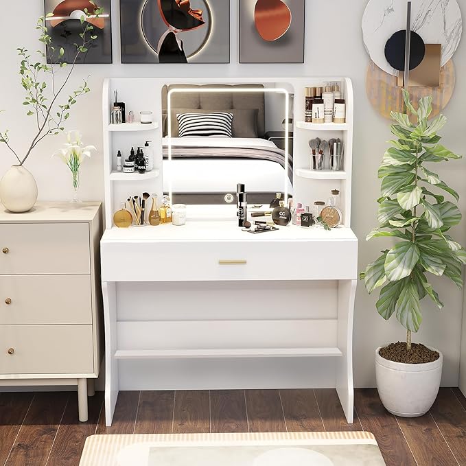 Vanity Desk, Makeup Vanity with Mirror and Lights, White Makeup Vanity Table with Big Drawer, Power Outlet, Stronger Links, for Bedroom, Dressing Room