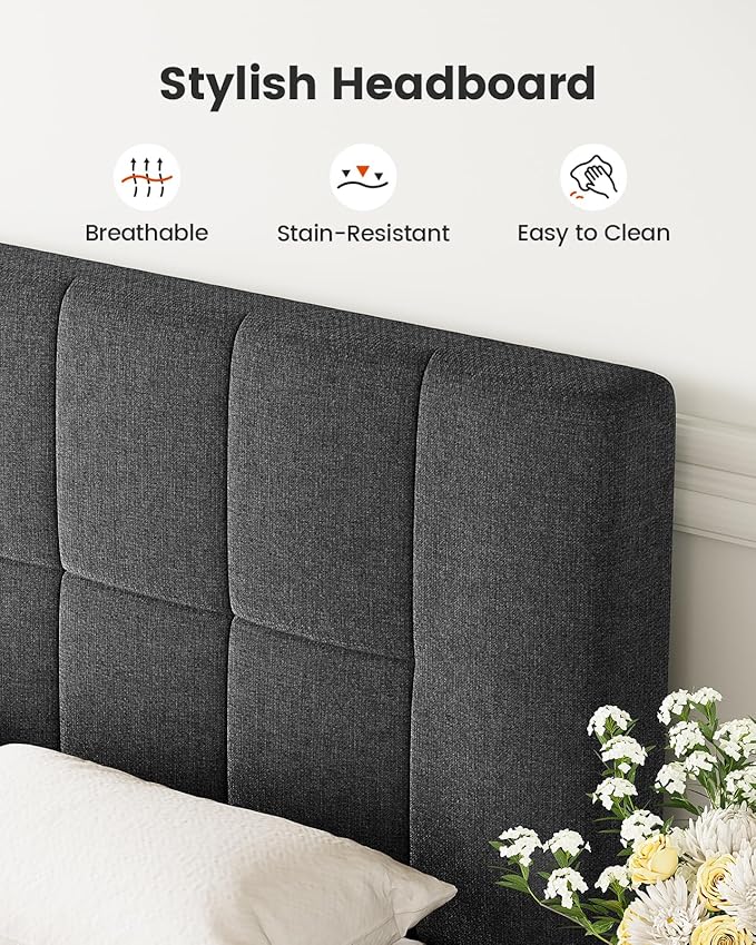 Amada Queen Platform Bed Frame with 12 Thickened Legs & Adjustable Fabric Upholstered Headboard, Solid Wooden Support 1300 Lbs Weight Capacity, No Box Spring Needed/Easy Assembly/Underbed Storage