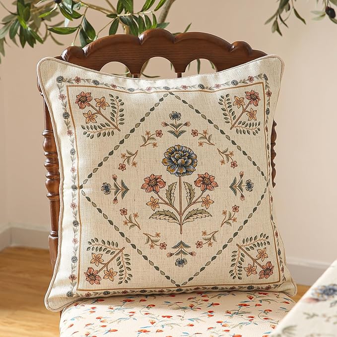 Design Square Floral Linen Throw Pillow Covers 18"x18" Pack of 2, Yellow Pink Flower Pattern Cushion Covers Decor Pillowcases for Bed,Living Room,Outdoor,Car