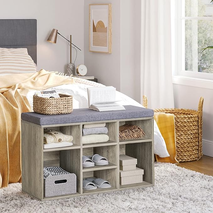 DINZI LVJ Shoe Bench, 9 Cubbies Shoe Organizer for Entryway, Storage Bench with Cushion, Cubby Shoe Rack with Adjustable Shelves for Living Room, Bedroom, Mudroom, Hallway, Gray Wash