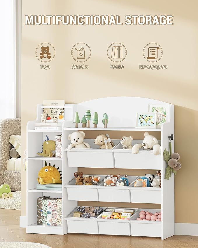 Toy Storage Organizer, Toy Shelf with 8 Storage Bins, Playroom Storage, Kids Bookshelf, 4-Tier Toddler Bookshelf for Children's Room, Bedroom, Living Room, Study Room, Nursery White KB42003W