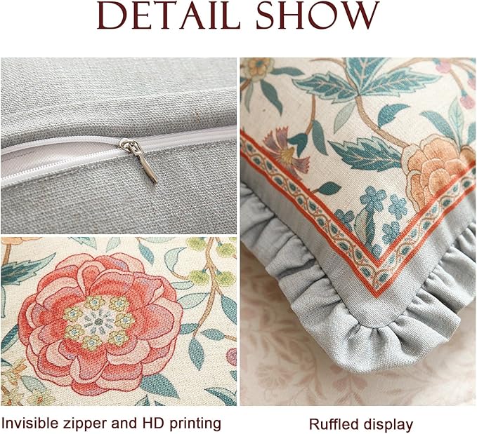 Orange Throw Pillow Covers Set of 4,Cottage Rustic with Blooming Floral Pattern Linen Pillowcases,Decorative Round Square Lumbar Pillows Cushion Covers for Couch Sofa Bed Chair Car