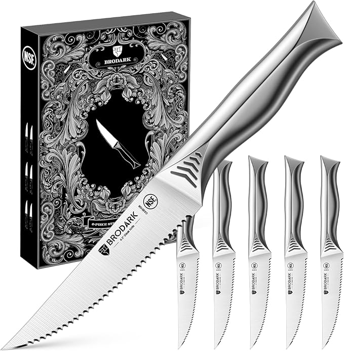 BRODARK Steak Knives Set of 6: 4.5 Inch Serrated Steak Knives - High Carbon Stainless Steel Kitchen Steak Knife Set - Never Need Sharpening - NSF Certified, Shark Series