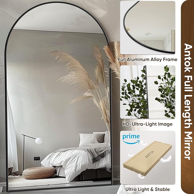 Antok Full Length Mirror, 81"x41" Floor Mirror with Stand, Hanging Mounted Mirrors for Bedroom, Living Room, Cloakroom, Dining Room, Black, Arched
