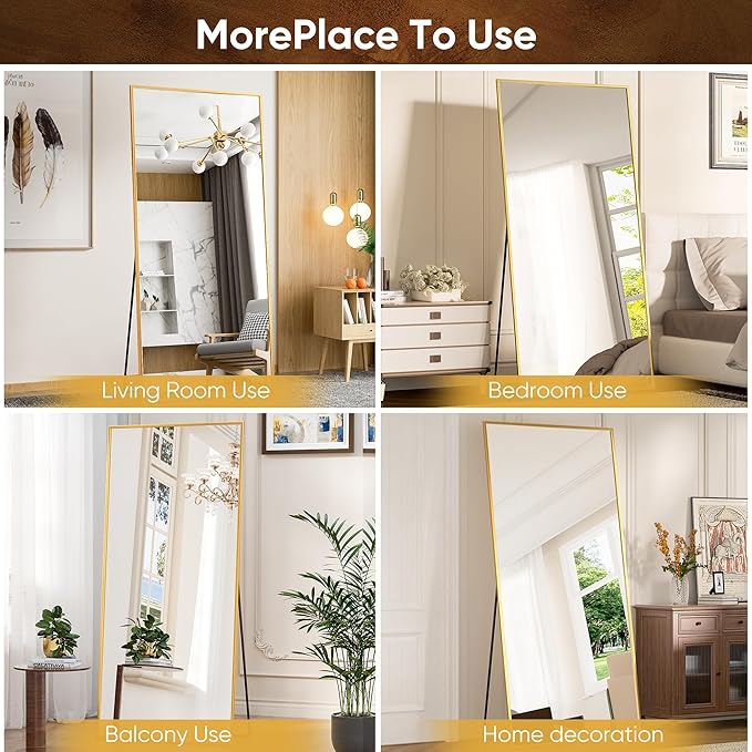 Antok Full Length Mirror, 71"x32" Floor Mirror with Stand, Hanging Mounted Mirrors for Bedroom, Living Room, Cloakroom, Dining Room, Gold, Rect