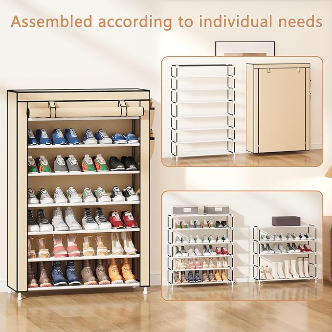 Laiensia 7-Tier Vertical Shoe Rack Organizer, Space Saving Shoe Storage Organizer, Non-Woven Cover Shoe Shelf Holds 28-35 Pairs for Bedroom, Hallway, Closet Entryway, Beige