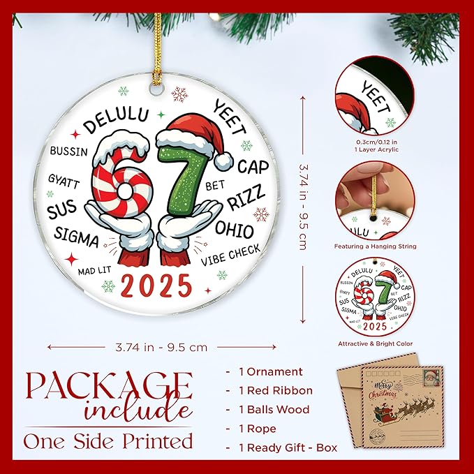 Funny 67 Christmas Ornament 2025, Six Seven Teen Slang Xmas Ornaments 2025, 67 Ornament, 6-7 Hanging Christmas Decorations, 6 7 Meme Gifts for Teen Girl, Boy, Viral Xmas Decor