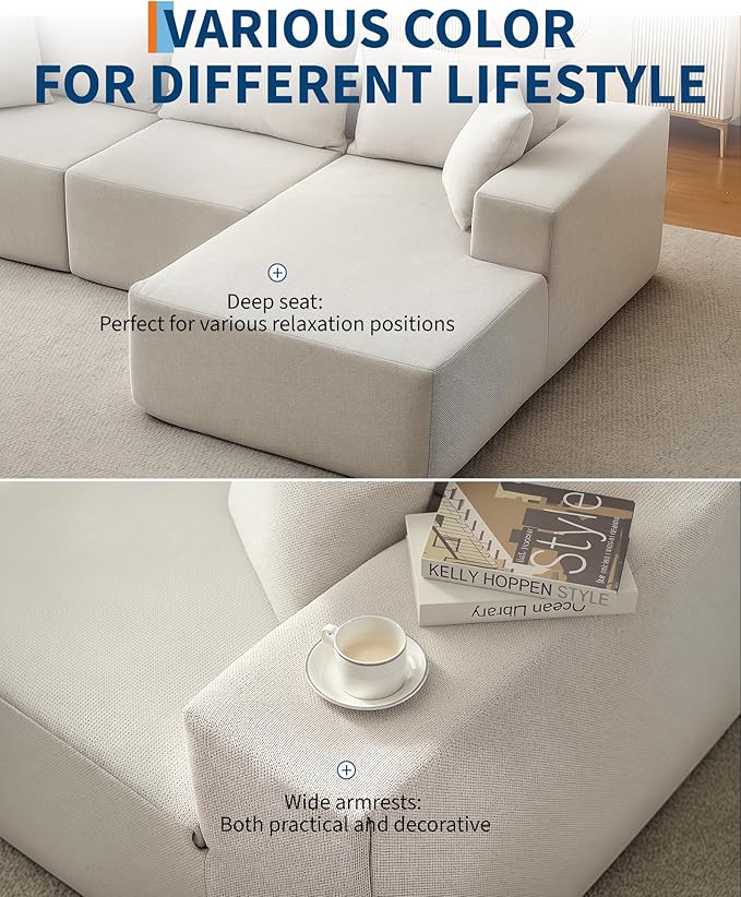 108" Modular Sectional Sofa,Cloud Couch Sectional with Right Chaise | Fluffy Compressed l Shaped Sofa for Living Room | Boneless Couch & Sofa Bed Design,No Assembly Required, Beige