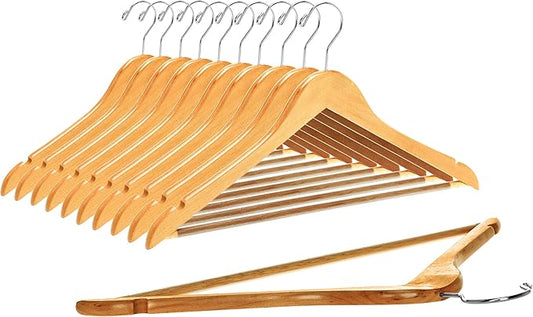 Quality Wooden Hangers - Slightly Curved Hanger Set - Solid Wood Coat Hangers with Stylish Chrome Hooks - Heavy-Duty Clothes, Jacket, Shirt, Pants, Suit Hangers (Natural, 10)