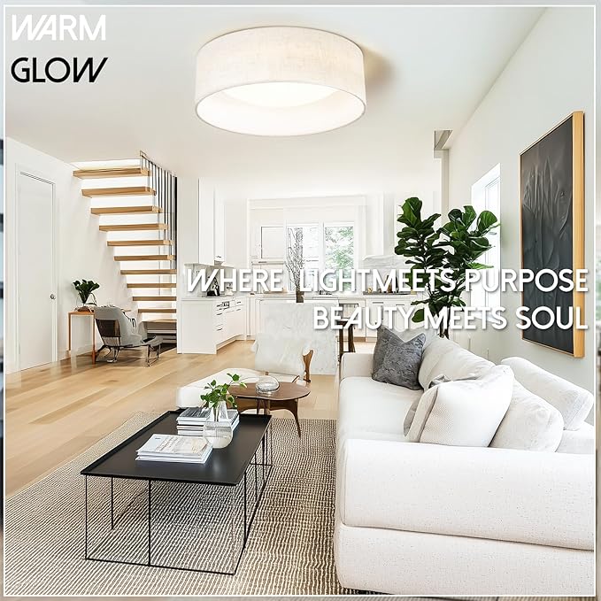 Hamilyeah LED Flush Mount Ceiling Light with Fabric Shade, 12 inch Kitchen Lighting Fixture Ceiling Mount 5CCT, Dimmable Beige Linen Ceiling Lighting Fixture 24W for Bedroom,Living Room, Kitchen