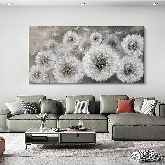 Pogusmavi Dandelion Farmhouse Wall Art for Living Room Pictures for Bedroom Wall Decor Canvas Paintings Framed Wall Picture for Bedroom Office Artwork Wall Decor Textured Art 30×60IN