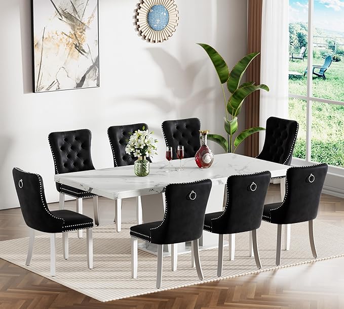 Goujxcy 9-Piece Extendable Dining Table Set for 8, 63-78 Inch Faux Marble Kitchen Table Set with 8 Black Upholstered Chairs Modern Expandable White Marble Dining Room Table Set for Kitchen Apartment