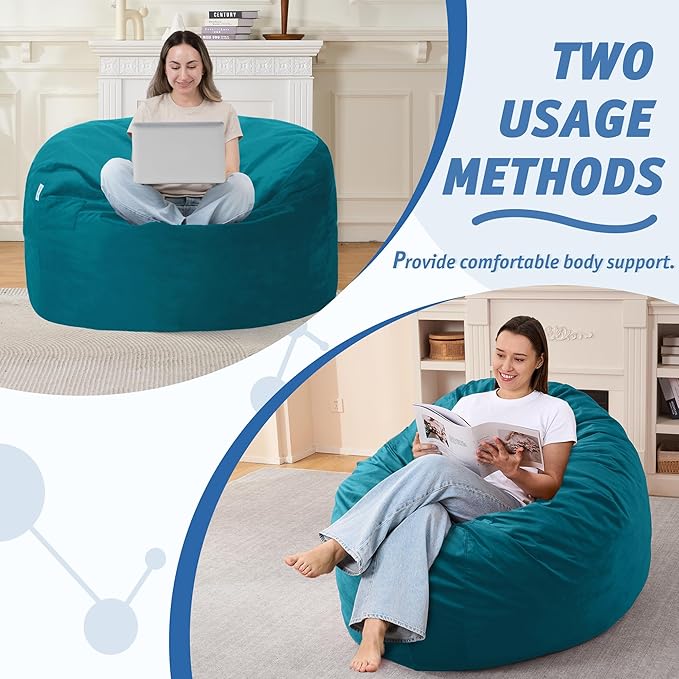 3FT Bean Bag Chair with Ultra Soft Velvet Cover Bean Bag Sofa with Memory Foam Bean Bag Chairs with Large Size Lazy Sofa for Dorm Office Living Room Bedroom Sea Blue 3'