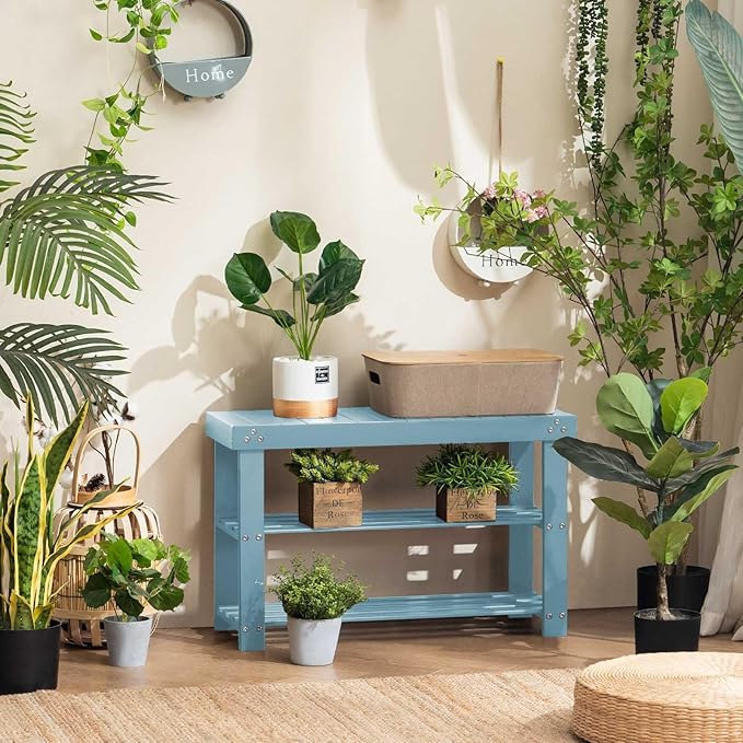 Apicizon Bamboo Shoe Rack for Entryway, 3-Tier Shoe Rack Bench for Front Indoor Entrance, Small Shoe Organizer with Storage, Blue