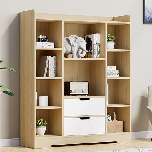 Cozy Castle Kids Bookshelf with Storage, Toy Storage Organizer with 2 Drawers and 10 Cubes 4-Tier Bookcase for Bedroom, Playroom, Hallway, Living Room(Oak & White)