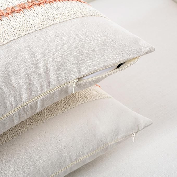 Fancy Homi Set of 2 Boho Coral Decorative Throw Pillow Cover 16x16 Inch for Couch Bed Sofa, Aesthetic Modern Organic Farmhouse Home Decor, Soft Cotton Cute Accent Macrame Woven Cushion Case