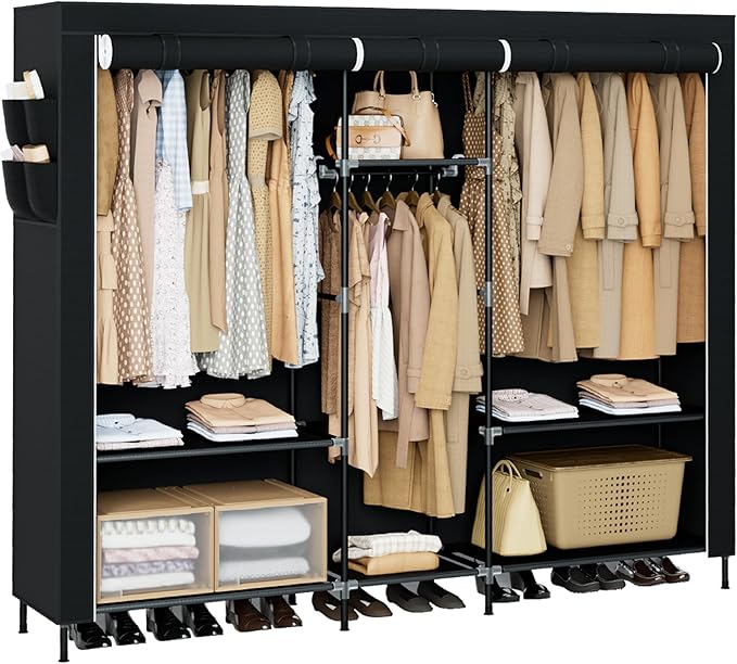 Portable Closet, 77.6 Inch Extra Large Capacity Wardrobe Closet with Cover, Clothes Storage Organizer with Shelves and 3 Hanging Rods, Easy to Assembly, Black PCT223B01