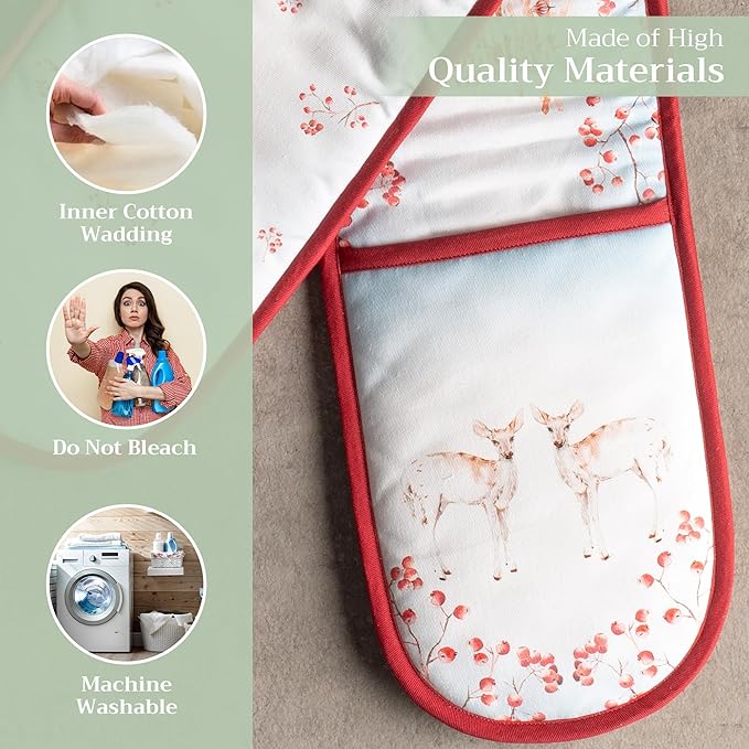 Maison d' Hermine Double Oven Mitt (7" x 35") 100% Cotton Heat Resistant BBQ Cooking Gloves with Loop for Thanksgiving Christmas Decorations Baking Cooking Handling Hot Pan (Fairy Tale Forest)