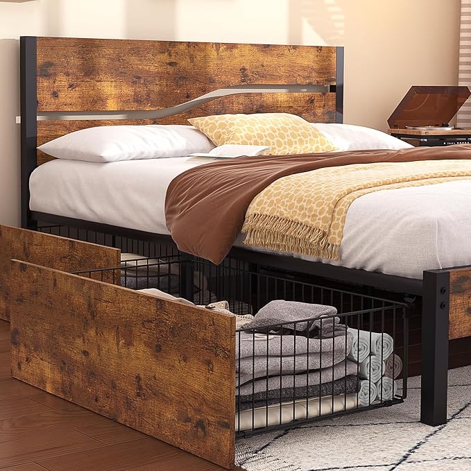 VECELO Full Platform Bed Frame with 4 Drawers and Vintage Wood Headboard, Large Storage, Strong Metal Slats Support, No Box Spring Needed, Rustic Brown