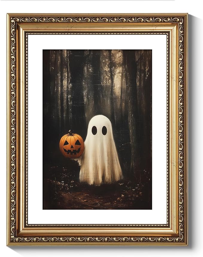 VIYYIEA Vintage Gold Framed Wall Art for Living Room, Ghost & Pumpkin Head Artwork Prints Decor, Halloween Wall Decor, Gallery Picture Painting, for Bedroom Bathroom Kitchen 14L x 11W
