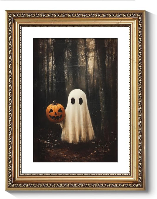 VIYYIEA Vintage Gold Framed Wall Art for Living Room, Ghost & Pumpkin Head Artwork Prints Decor, Halloween Wall Decor, Gallery Picture Painting, for Bedroom Bathroom Kitchen 14L x 11W