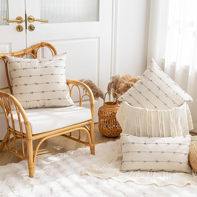 Boho Throw Pillow Covers 26x26 Set of 2 Modern Farmhouse Decorative Cushion Case Tufted Square Pillows Cover Neutral Pillow Cases Accent Pillowcase for Sofa,Couch,Bed,Beige and Grey