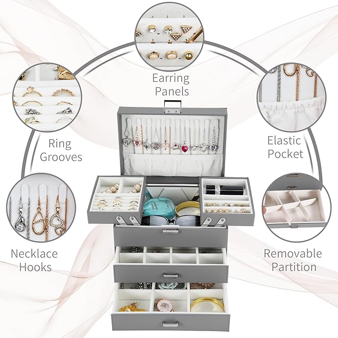 Dajasan Jewelry Holder Organizer Box, Jewelry Boxes for Women Girls, 4 Layers Large Jewelry Storage Box for Earring, Ring, Necklace, Bracelets (Grey)