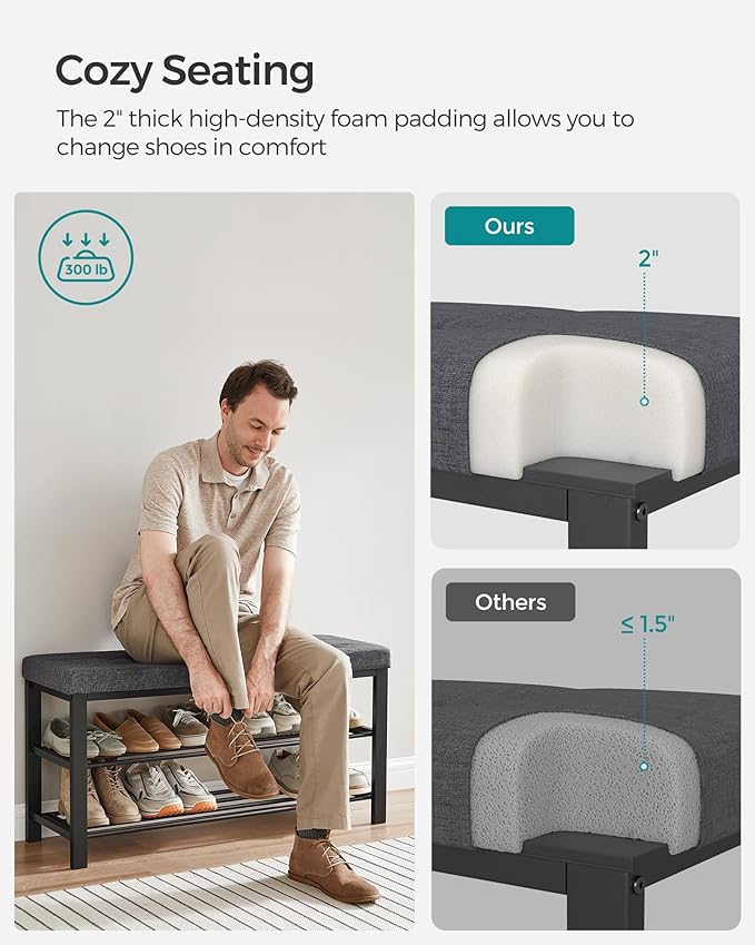 SONGMICS Shoe Bench, Storage Bench, Entryway Bench with Cushion, Shoe Shelf with Seat, Space-Saving, Modern Style, for Living Room, Bedroom, Hallway, Dark Gray and Ink Black ULBS579B33