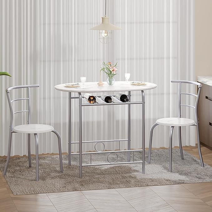 VECELO 3-Piece Dining Table Set for Kitchen Breakfast Nook, Faux Marbled Oval Tabletop and Metal Frame with Built-in Wine Rack, for Small Spaces, White & Silver