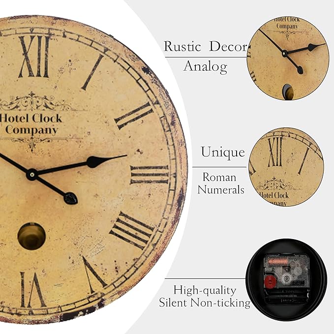 23 Inch Rustic Farmhouse Wall Clock, Solid Wood Silent Non-Ticking, Battery Operated Decorative Clock for Living Room, Kitchen, Bedroom, Office and Home Decor