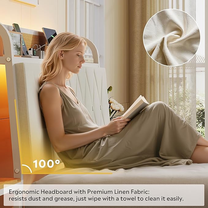 WLIVE Full Size Upholstered Bed Frame with 2 Side Shelves, Linen Tufted Storage Headboard with Charging Ports and LED Light, Metal Solid and Stable, No Box Spring Needed, Easy Assembly, Beige