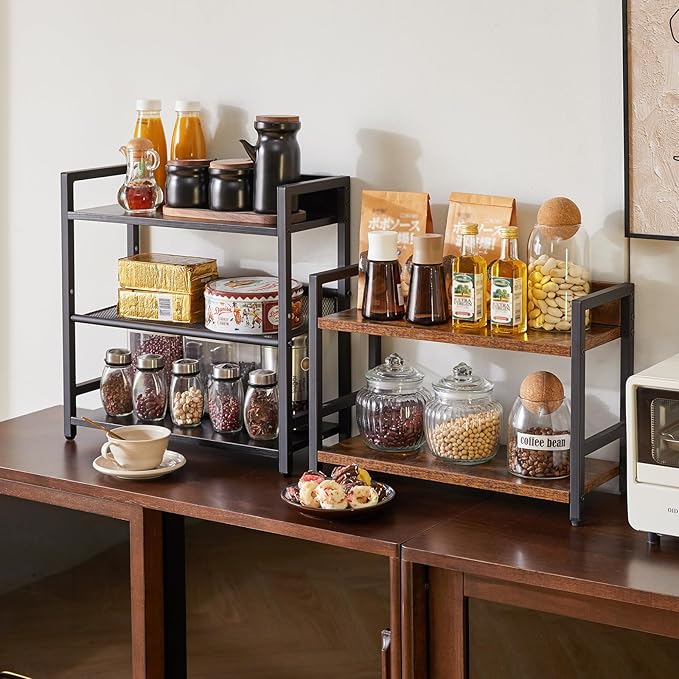 IBUYKE 3-Tier Spice Rack Industrial Counter Shelf Desktop Storage Organizer Standing Seasoning Rack for Countertop Kitchen Office Living Room Desktop Black UTLJ021B