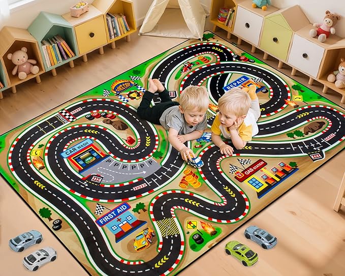 Kids Rug, Race Track Baby Play Mats, 3x5 Ft Kids Rug for Playroom,Extra Thick (0.4in) Realistic 3D Cascading Surround Route, Great for Playing with Cars and Toys, Non-Slip Car Carpet