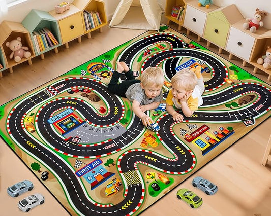 Kids Rug, Race Track Baby Play Mats, 3x5 Ft Kids Rug for Playroom,Extra Thick (0.4in) Realistic 3D Cascading Surround Route, Great for Playing with Cars and Toys, Non-Slip Car Carpet