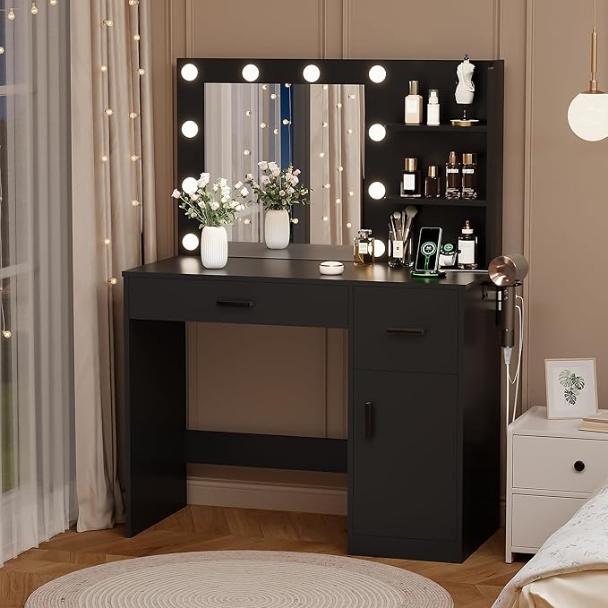 YESHOMY Vanity Desk with Mirror, 10 Lights, Power Outlet and 3 Storage Shelves, Makeup Table with 2 Drawers & 1 Cabinet, 3 Color Modes, for Bedroom, Black