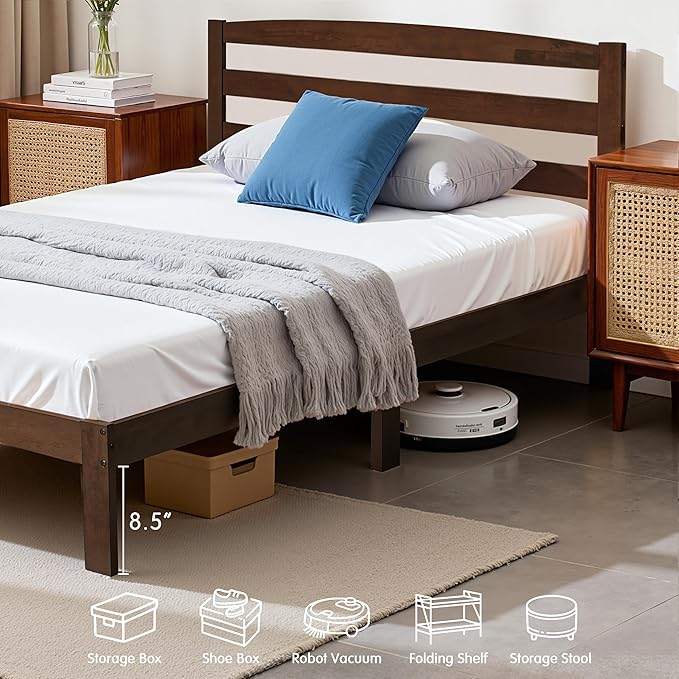 Hokway Wood Queen Bed Frame with Headboard-No Wobble,Noise-Free,Easy Assembly with Precise Holes,12 in Reinforced Center Legs,No Box Spring Needed,Walnut