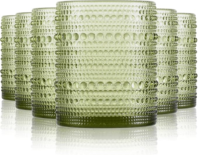Hobnail Drinking Glasses Set of 6, Vintage Colored Glassware 11oz, Beverage Glass Cups for Water, Juice, Cocktail (Green)