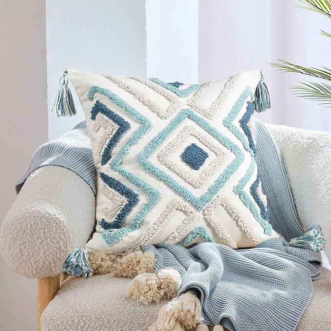 Boho Pillow Covers 18X18 Inch Boho Tufted Throw Pillow Covers Decorative Tassels Cushion Cover Farmhouse Pillow Case for Couch Sofa Bed Living Room Bedroom, Teal