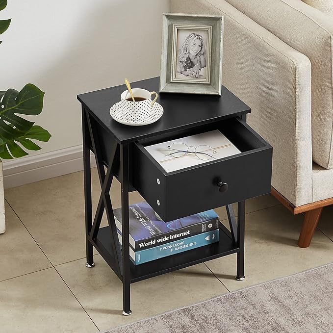 VECELO Nightstand,Modern Bedside End Table, Night Stand with Drawer and Storage Shelf for Living Room Bedroom, Industrial Metal Frame