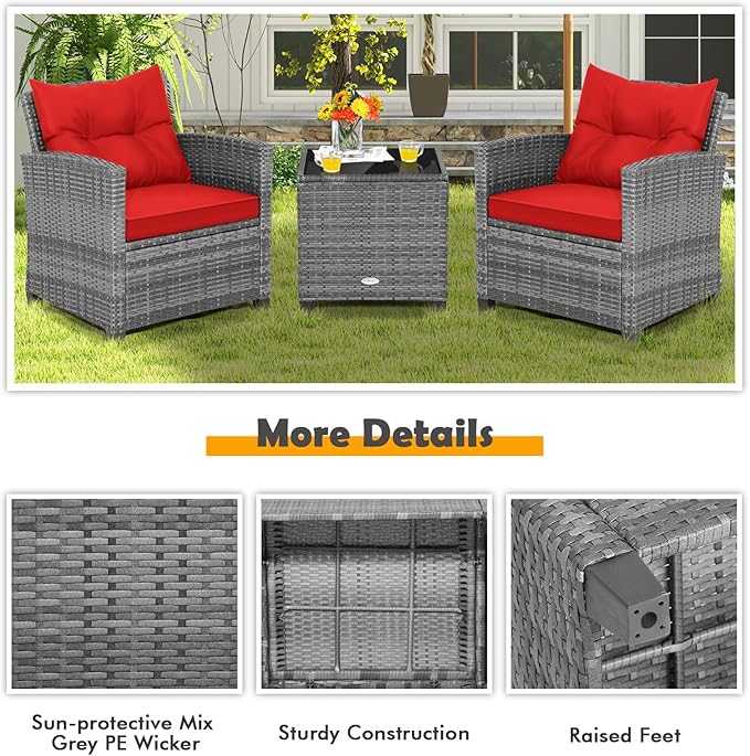 Tangkula 3 Pieces Patio Furniture Set, Outdoor PE Rattan Conversation Chair Set with Tempered Glass Side Table and Removable Cushions, PE Wicker Chairs and Table Set for Porch, Balcony and Garden