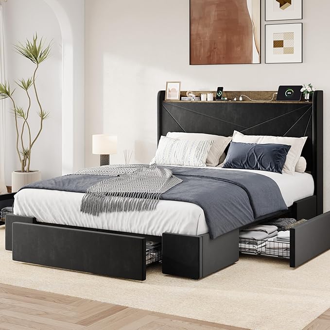 Allewie Queen Size Velvet Bed Frame with 3 Storage Drawers, Upholstered Platform Bed with Wingback Storage Headboard and USB Ports, No Box Spring Needed, Easy Assembly, Black