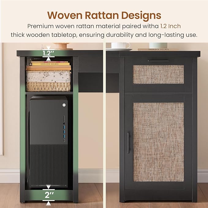 SEDETA 55.1" Rattan Computer Desk with Drawers, Office Desk with Drawers & Storage Cabinet, Farmhouse Home Office Desk with Storage, Wood Writing Desk with Power Outlets for Home Office, Black