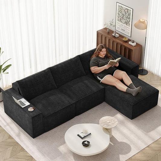 Vesgantti 114" Modular Sectional Boneless Couch, Modern 3 Seater Sofa with Ottoman & Deep Seat, Convertible Chenille L Shaped Cloud Couches for Living Room, No Assembly Required, Black