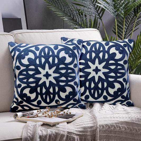 Alysheer Embroidered Decorative Throw Pillow Covers 18"x18" Set of 2 Pieces, Classic Boho Mandala Knit Pattern, Durable 100% Cotton Canvas Cozy Cushion Cases for Sofa Couch Living Room (Navy Blue)