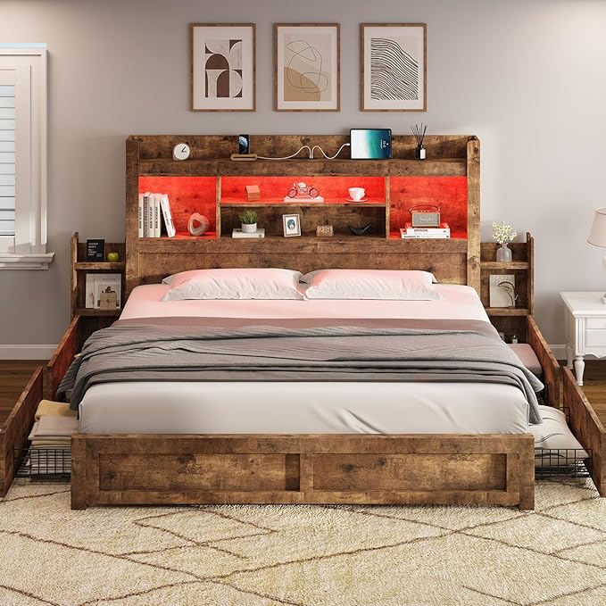 AMERLIFE King Size Bed Frame with 4 Storage Drawer & 2 Slide Bedside Table, Wood Bed Frame with 49.6" Tall Bookcase Headboard, LED Platform Bed with Charging Station, No Box Spring Needed/Rustic Brown