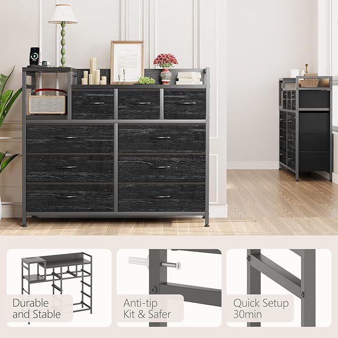 Jojoka TV Stand with Charging Station, Bedroom Dresser for Living Room TV Stand with 9 Drawers,（Black Willow）