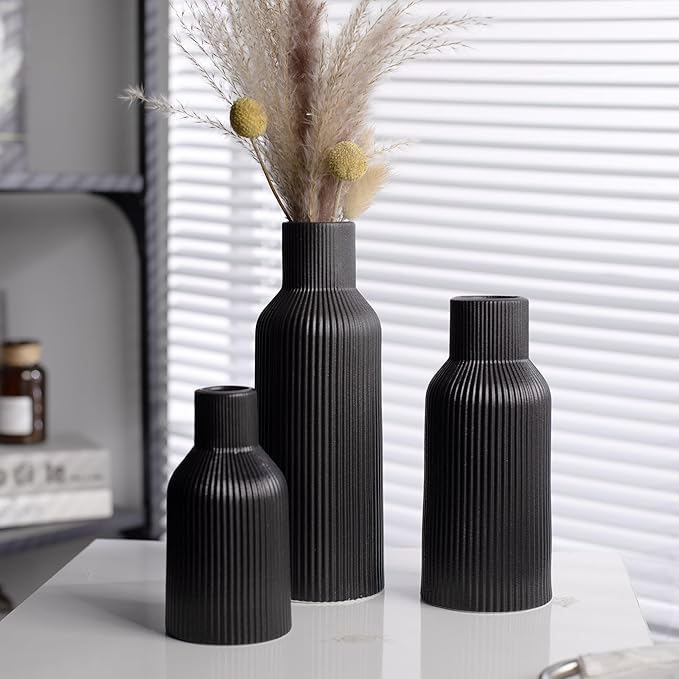 Black Ceramic Vases Set of 3, Black Ribbed Decorative Vases - Table Centerpieces for Wedding, Living Room, Office & Shelf Decor