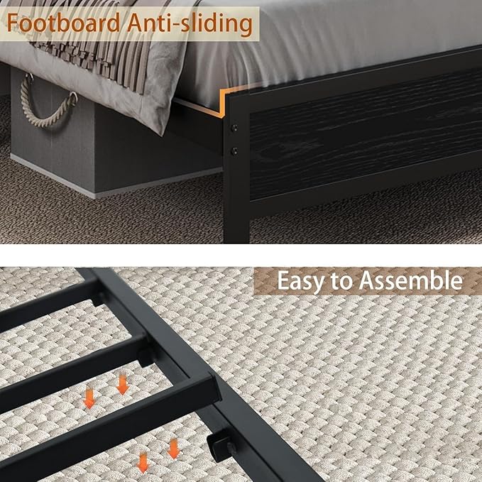 King Bed Frame with LED Lights and Charging Station, Metal Platform Bed Frame King with Upholstered Storage Headboard, Heavy Duty Metal Slats, No Box Spring Needed, Easy Assembly, Dark Grey